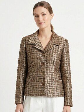 Chico's Blazer Jacket Brown Glimmering Houndstooth Textured 1 (M) NWT